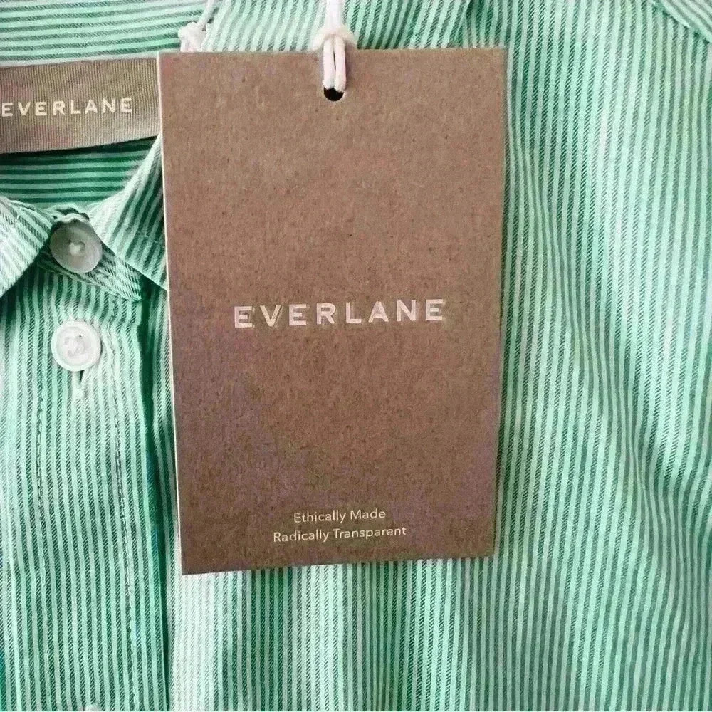 EVERLANE‎ WOMENS PREPPY MINT/WHITE STRIPED SILKY FEELING COTTON BUTTON DOWN SIZE - Picture 3 of 7